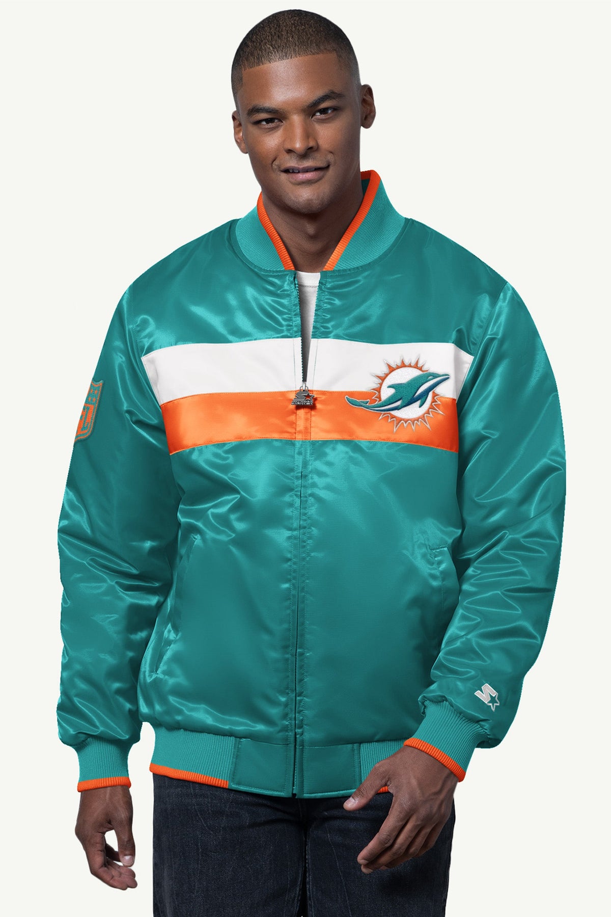 Starter Best Seller | MENS MIAMI DOLPHINS AMBASSADOR SATIN VARSITY JACKET