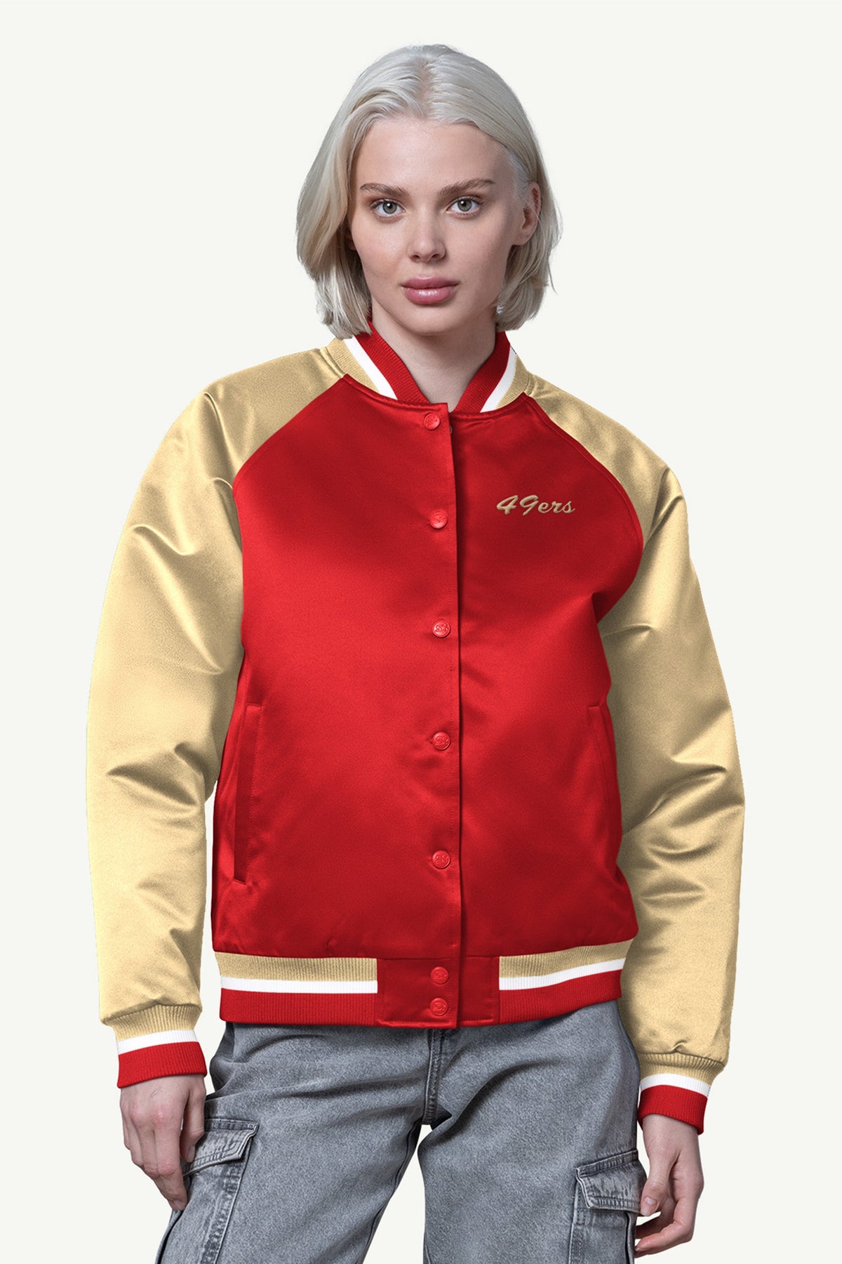 Starter Best Price | WOMENS SAN FRANCISCO 49ERS FINAL SCORE SATIN VARSITY JACKET