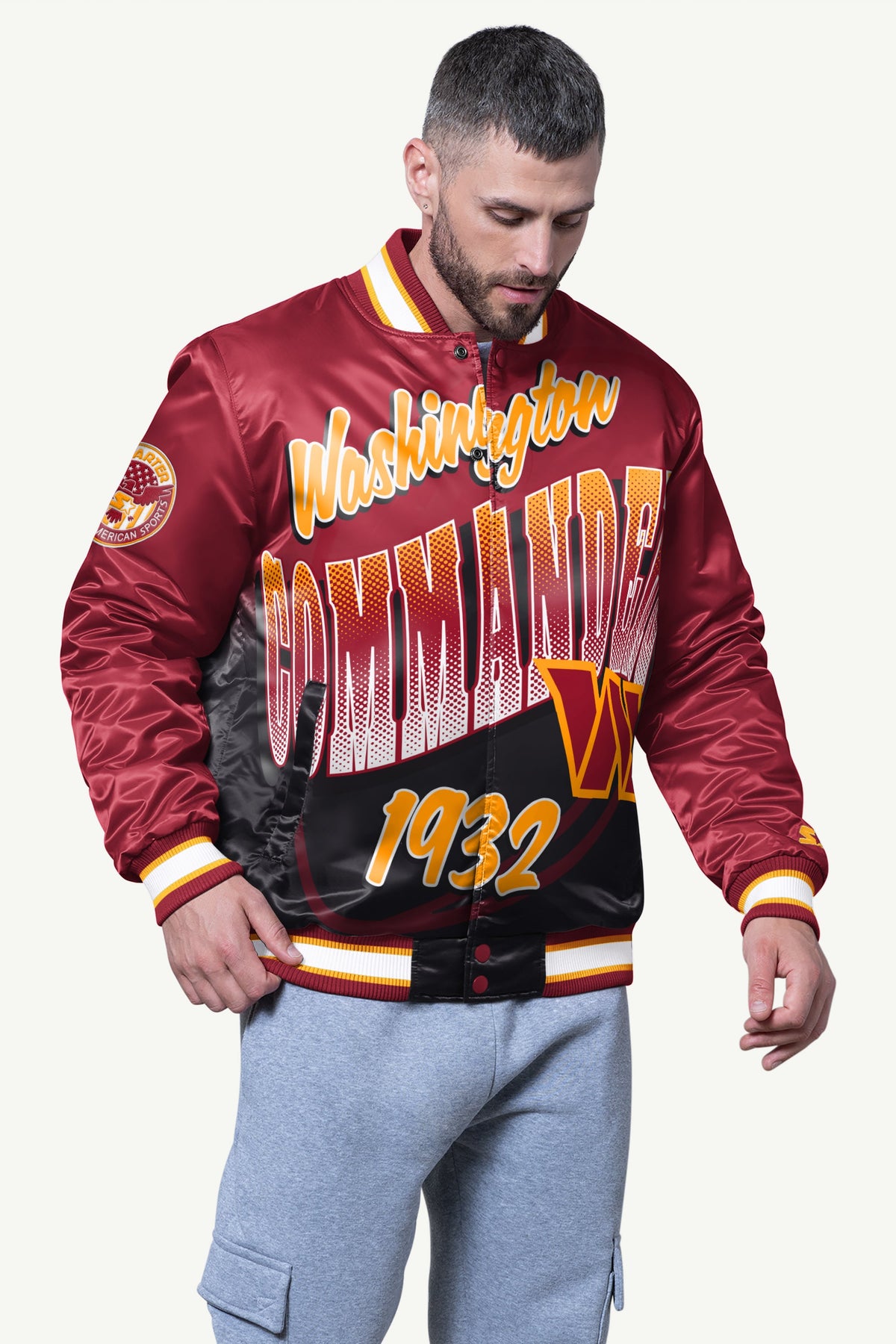 Starter Special Offer | MENS WASHINGTON COMMANDERS PASS RUSH SATIN VARSITY JACKET