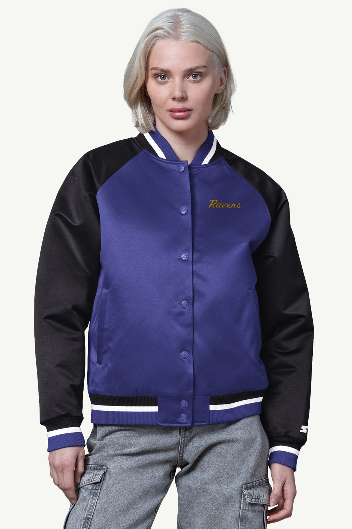 Starter Sale | WOMENS BALTIMORE RAVENS FINAL SCORE SATIN VARSITY JACKET