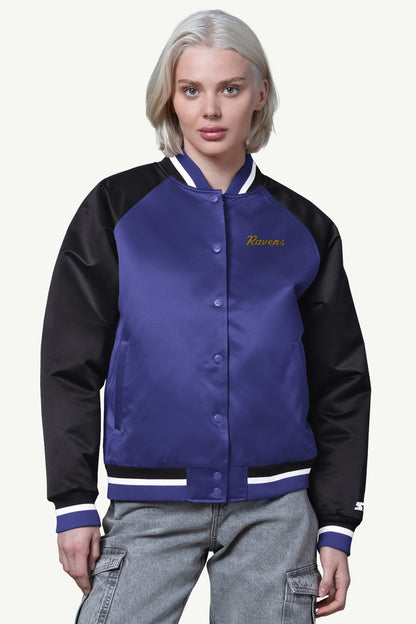 Starter Sale | WOMENS BALTIMORE RAVENS FINAL SCORE SATIN VARSITY JACKET