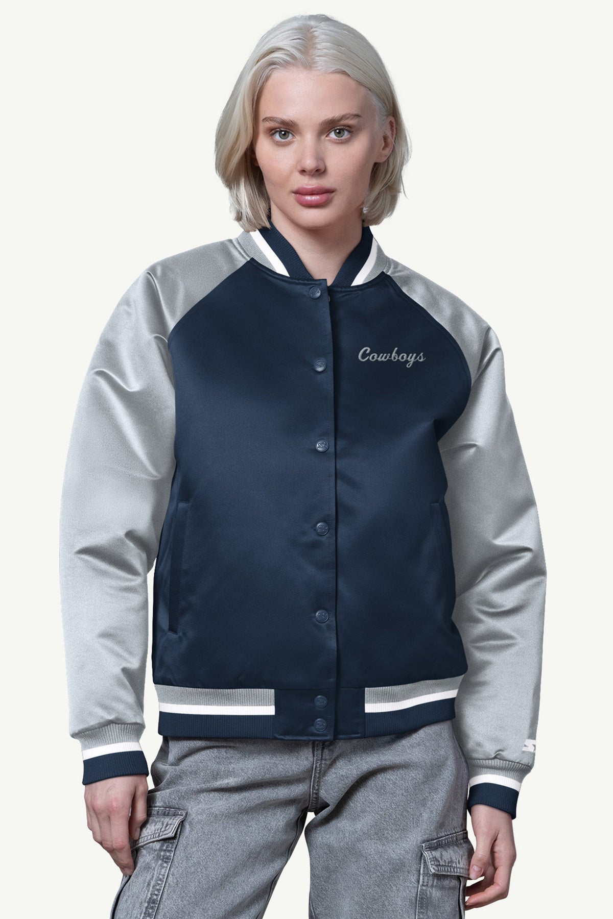 Starter Discount | WOMENS DALLAS COWBOYS FINAL SCORE SATIN VARSITY JACKET