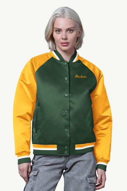 Starter Essential | WOMENS GREEN BAY PACKERS FINAL SCORE SATIN VARSITY JACKET