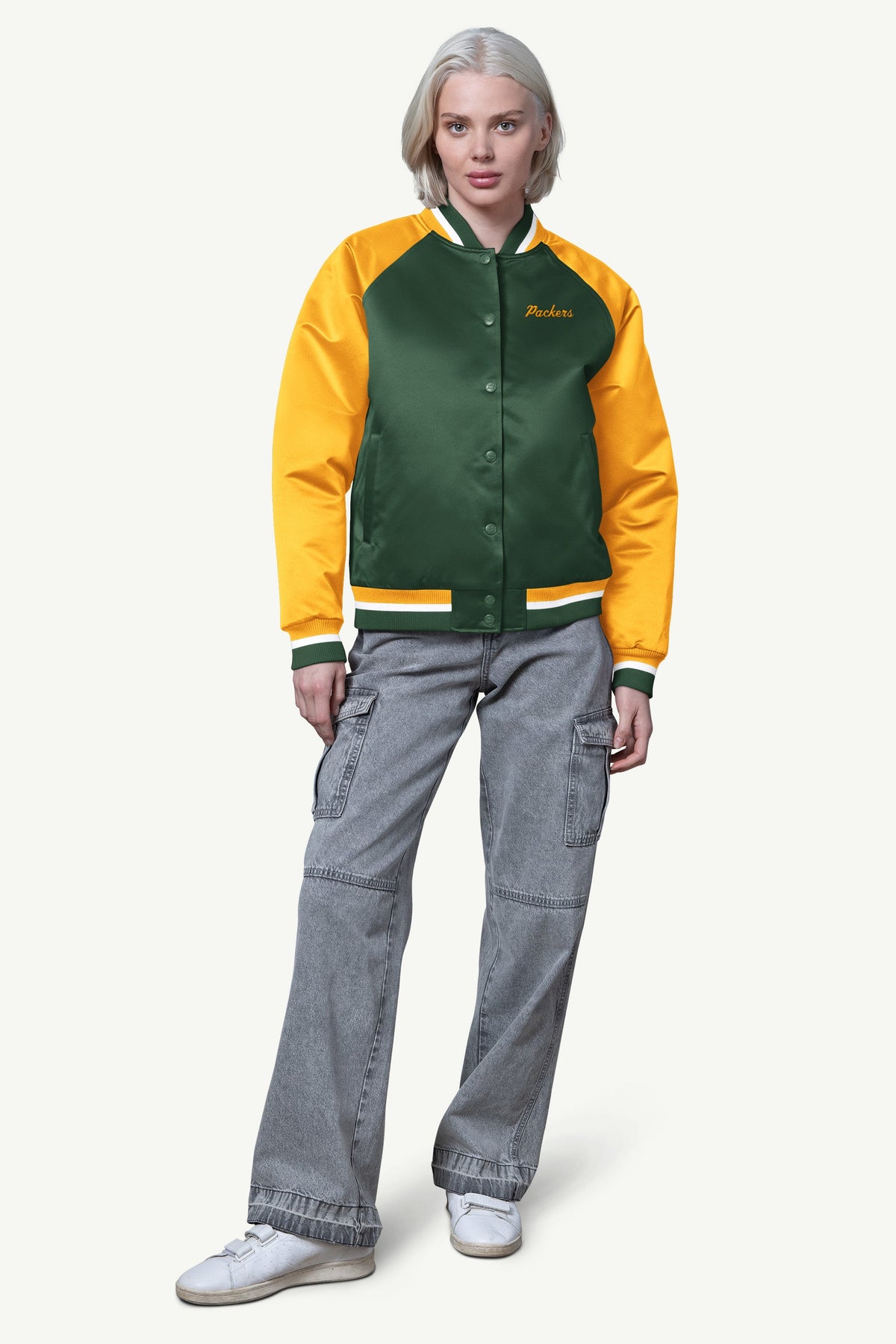 Starter Essential | WOMENS GREEN BAY PACKERS FINAL SCORE SATIN VARSITY JACKET