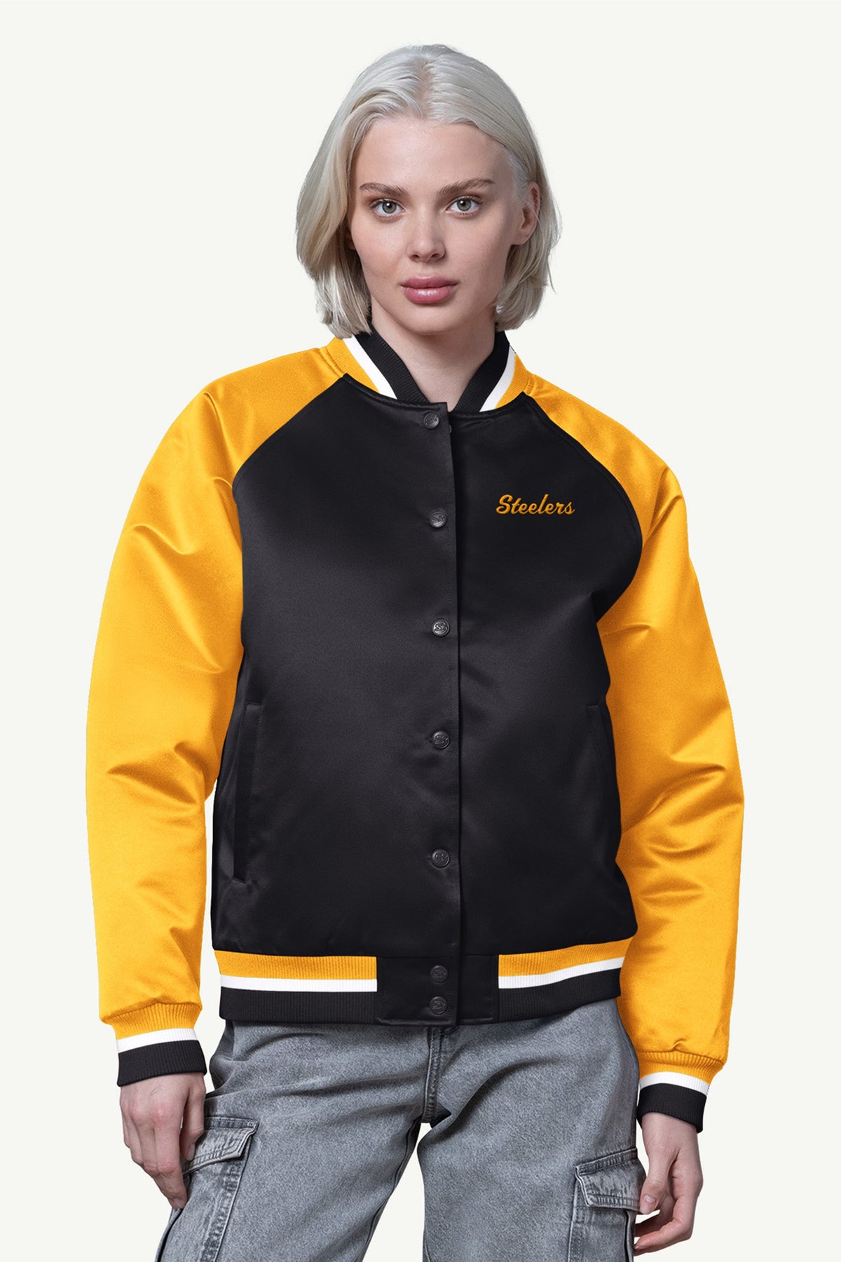 Starter Signature | WOMENS PITTSBURGH STEELERS FINAL SCORE SATIN VARSITY JACKET