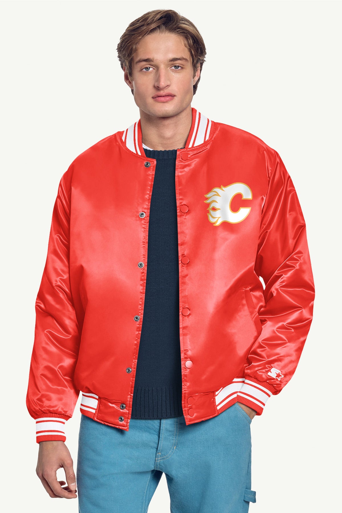 Starter Best Seller | MENS CALGARY FLAMES PRINTED GRAPHIC TRIANGLE SATIN VARSITY JACKET